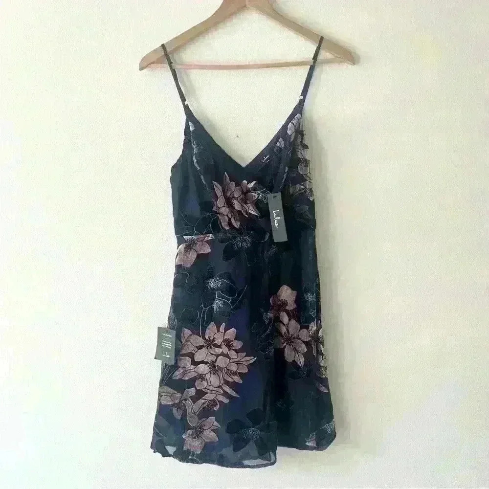 NWT Lulu's XS Womens Navy Blue Floral Print Slip Dress Cross Front Wrap Front